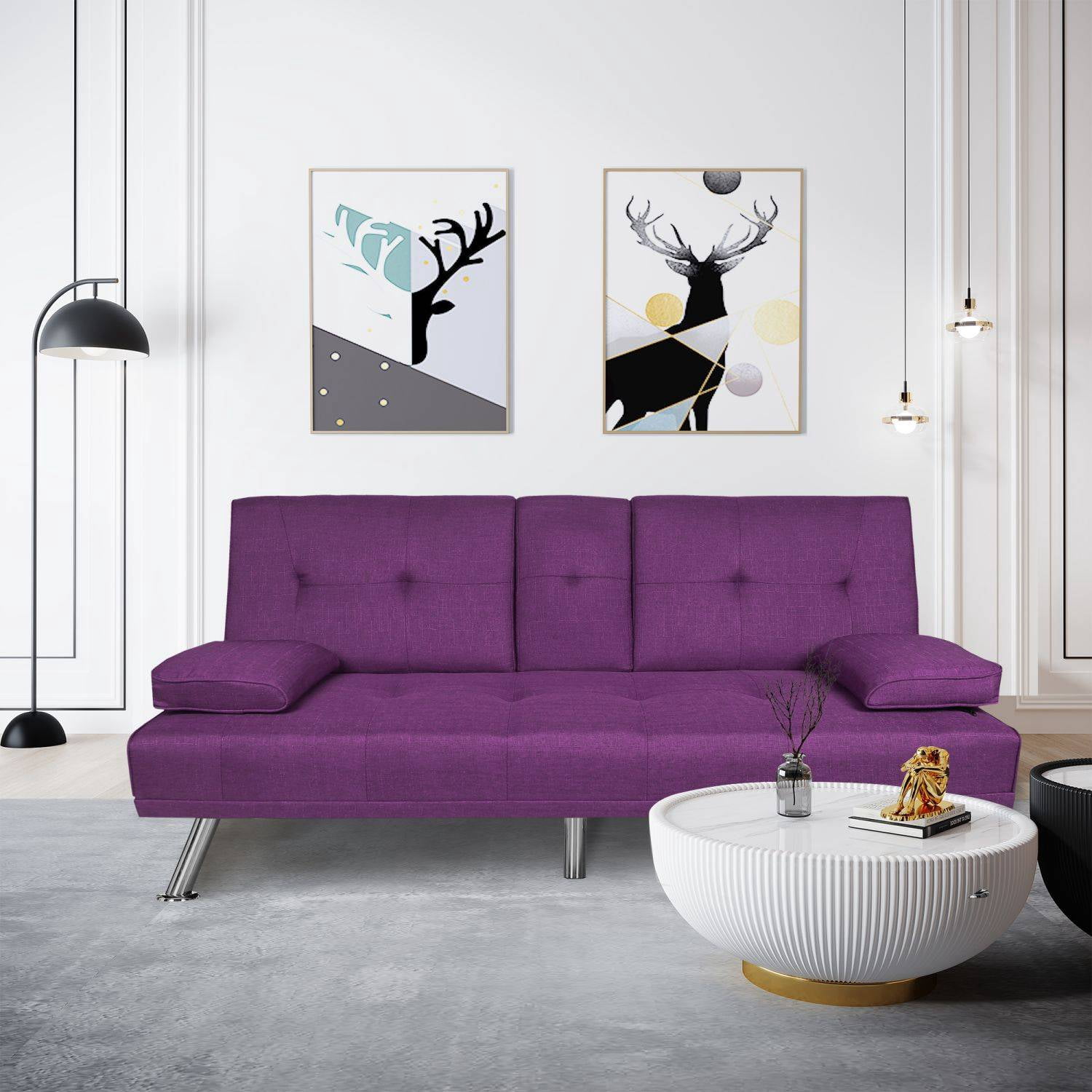 BSHTI 66.3 inch Futon Sleeper Sofa Bed,Twin Size Futon Sleeper,Purple Polyester Upholstery Sofa Bed,for your Home,Office,and Guest Room