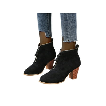 

Daeful Women Breathable Chunky Heel Ankle Boots Office Casual Front Zip Block Heels Bootie Black 8.5
