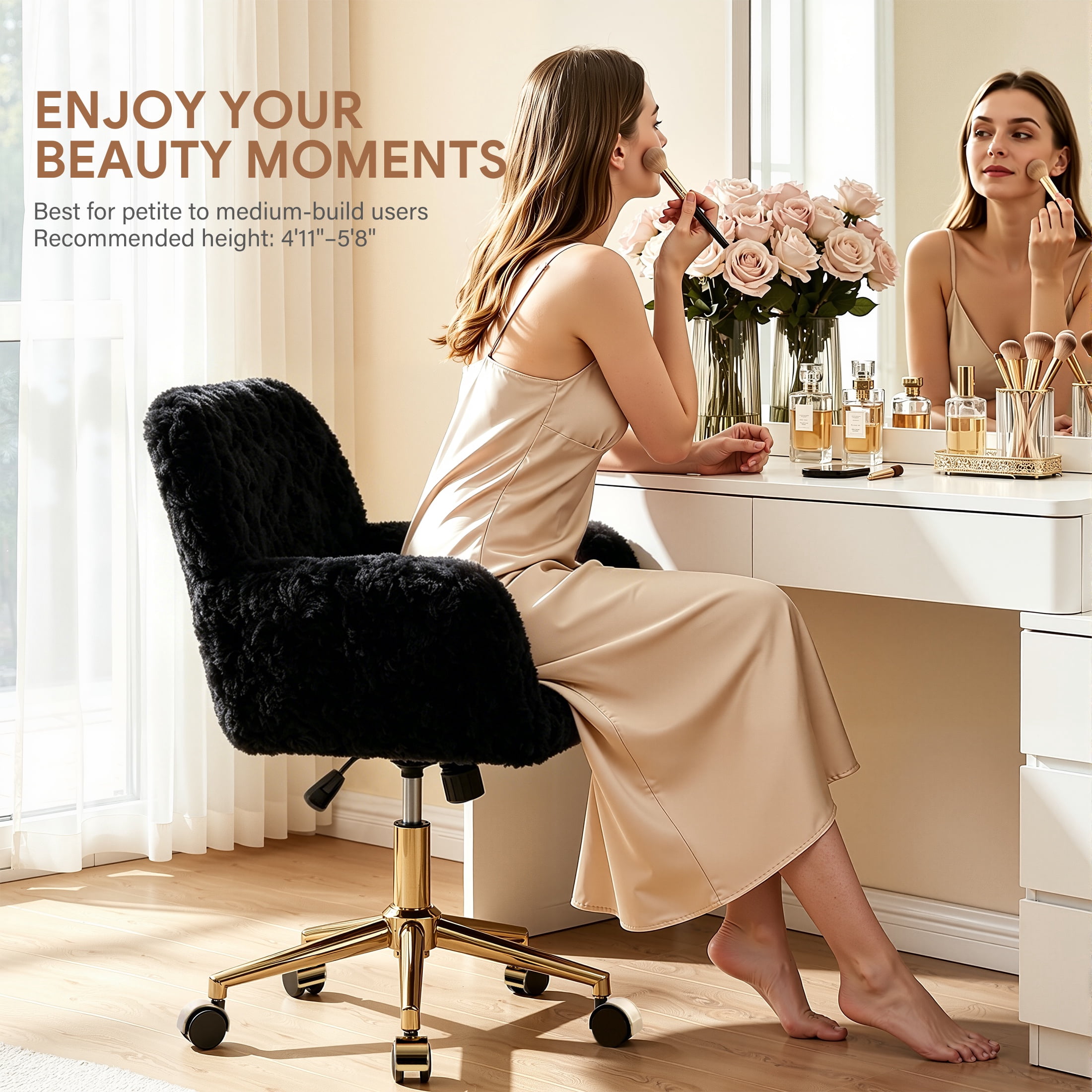 PAPROOS Vanity Chair with Back, Adjustable Swivel Makeup Desk Chair with Wheels and Arms, Fluffy Home Office Task Chair with Artificial Rabbit Hair for Bedroom, Dorm, Study Room, Black