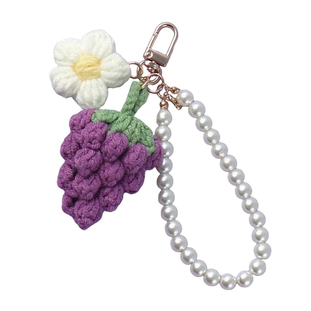 Llavero de flor de ganchillo hecho a mano con forma de flor y fruta, colgante para bolso con cadena de perlas de imitación, accesorio para niñas y mujeres, llaves y mochila.