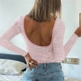 thumbnail image 4 of Women'S Summer Fall Long Sleeve Boat Neck Stripe Shirts Casual Slim Fit Backless Rib Knit Tops Pink XL, 4 of 9