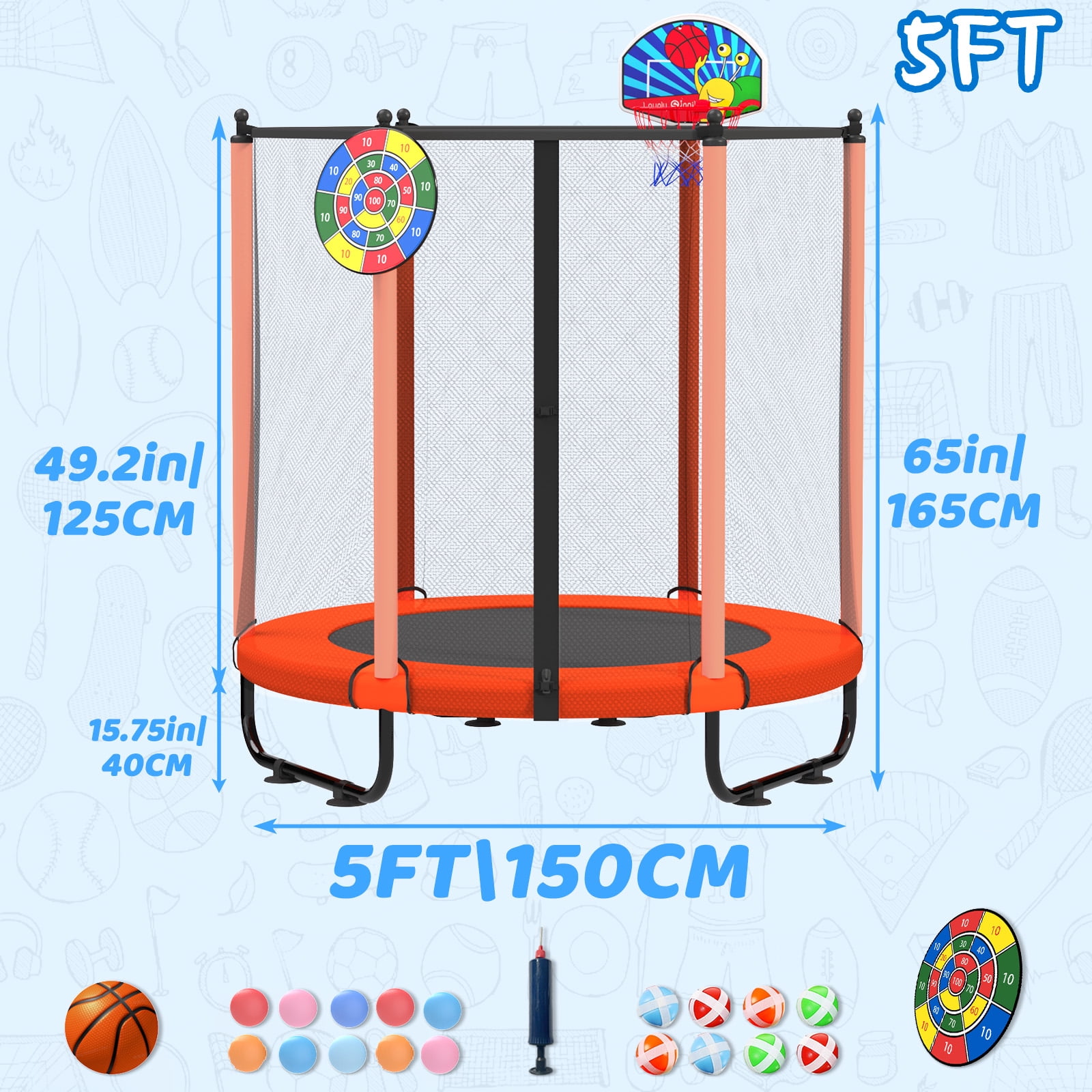 ACWARM HOME 5FT Toddler Trampoline For Kids 60" Mini Size Indoor&Outdoor With Safety Net Gift for Boys & Girls 440Lbs for Orange