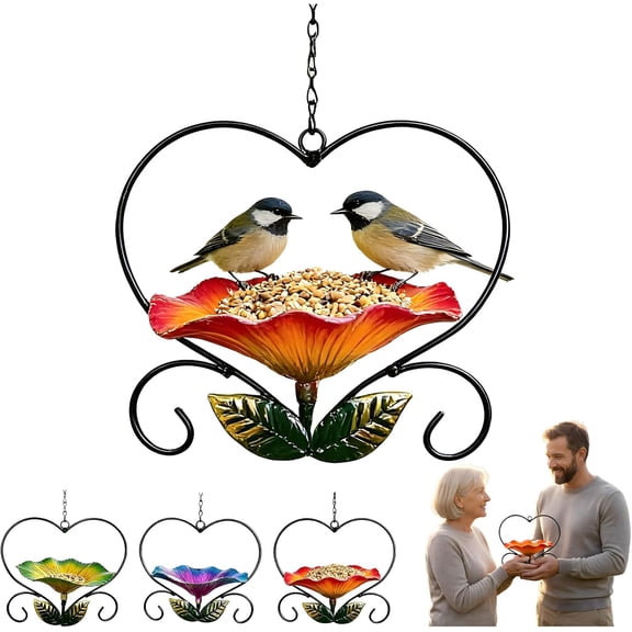 Heart-Shaped Flower Bird Feeder, Outdoor Hanging Bird Bath, Handmade Metal Butterfly Bee Water Bowl, for Backyard Garden Lawn Balcony Yard Decor