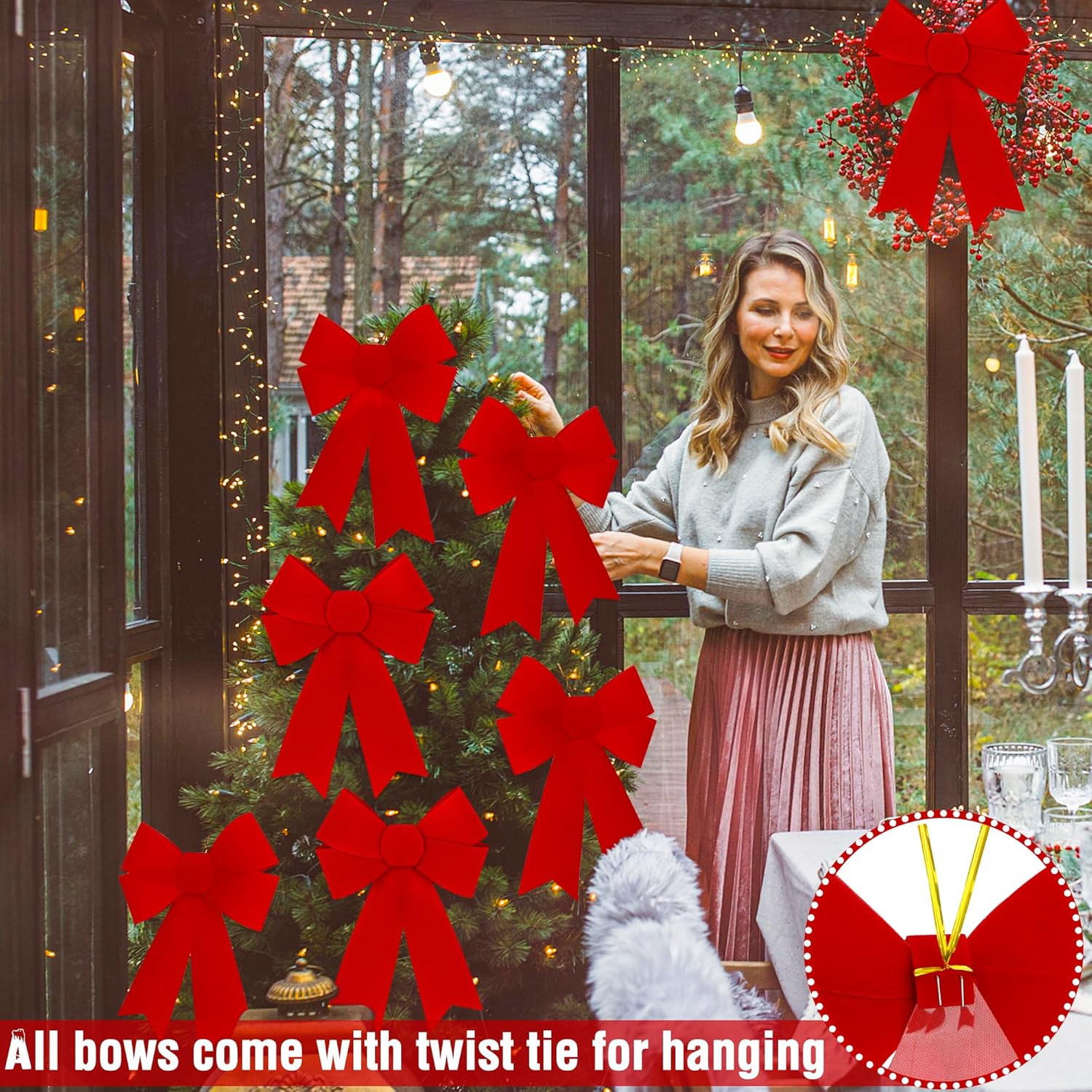 12 PCS Christmas Bows, 9 x 12 Inches Red Bows Christmas Decorations, Velvet PVC Christmas Bows for Wreaths Hanging Christmas Tree Bow Outdoor Indoor Xmas Home Party Supplies for Fence Stairs Door
