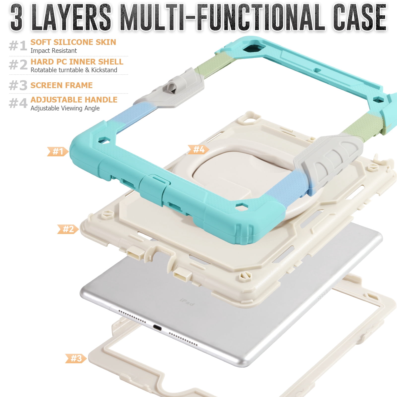 DOMAVER Case for iPad 9th/8th/7th Generation (iPad 10.2 inch, 2021/2020/2019), Heavy Duty Rugged Cover for Kids with Screen Protector, Pencil Holder, Rotating Stand/Handle, Rainbow Blue