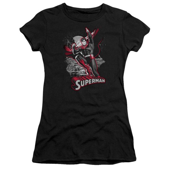 JLA Justice League Superman Red & Gray S/S Junior Women's T-Shirt Sheer Black