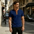 thumbnail image 6 of GrmtClth Men's Color Block Henley Shirt Stand Collar Short Sleeve Casual Button Top with Contrast Trim Navy XL, 6 of 9