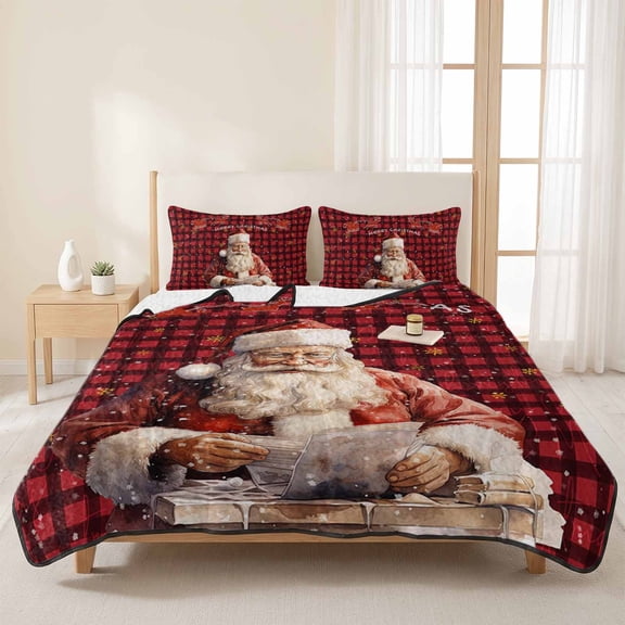 3 Pieces Queen Quilt Set,Santa Claus Christmas Red Buffalo Plaid Soft Bedding Sets with 1 Quilt & 2 Pillow Shams,Elk Snowflakes Seamless Summer Bedspread Lightweight Coverlet Comforter for All Season