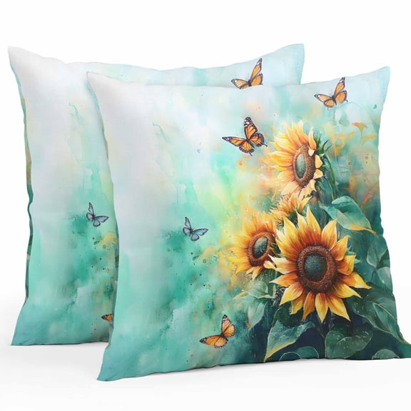 Watercolor Sunflower Outdoor Pillow Covers Pack of 2 Floral Butterfly Teal Green Leaf Waterproof Throw Pillow Covers Decorative Cushion Cases for Patio Garden Tent Balcony Couch 18x18 inch