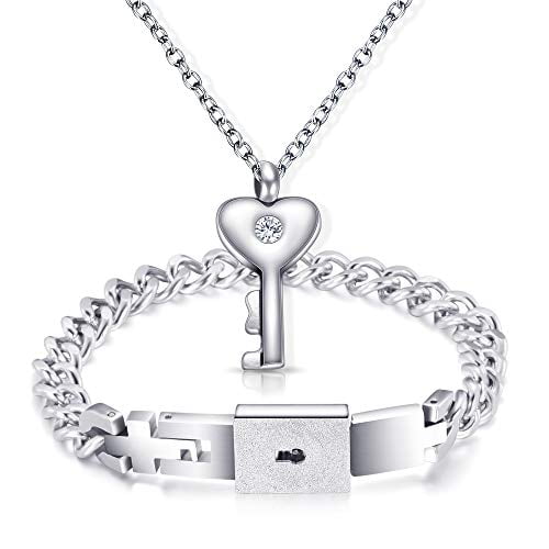 Titanium Steel Love Heart Lock Bangle Key Tag Pendant Necklace Chain Jewelry Lock Bracelet and Key Necklace His and Hers Couple Matching Set