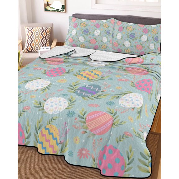 King Quilt Bedding Set, Happy Easter Colorful Eggs Flower Lightweight Coverlet Summer Comforter Set Soft Microfiber Bedspread, Watercolor Floral Leaf on Teal 3 Piece Quilt Set with 2 Pillow Shams