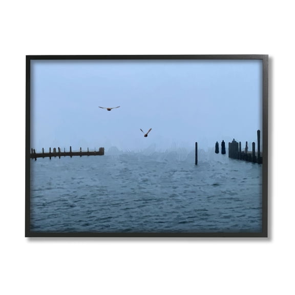Stupell Industries Seagulls Over Ocean Dock Waters Coastal Photography Black Framed Art Print Wall Art