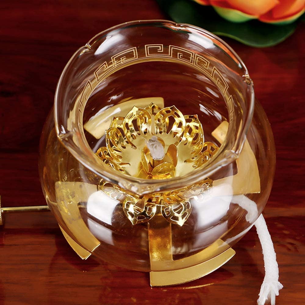 CATPAN Oil lamp Indoor use Glass Crystal Glass Lotus lamp Holder Household Buddha headlamp Kerosene lamp Ultra-Pure Paraffin lamp Oil Candle Holder Lantern（White）