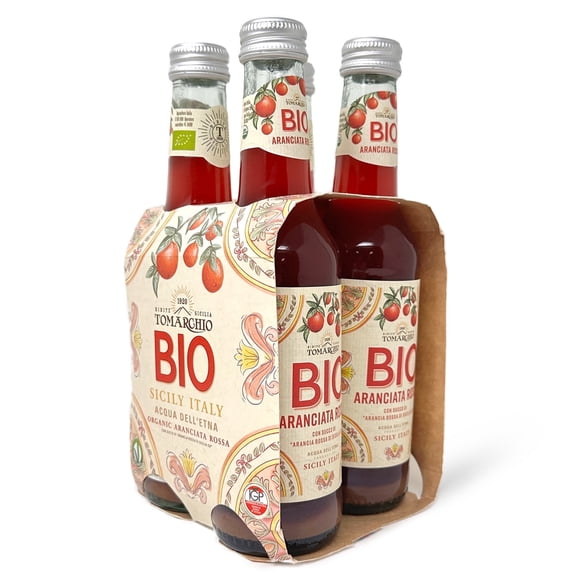 Tomarchio Organic Sicilian Blood Orange Soda, 4 x 9.3 Fl Oz (275ml) – Italian Sparkling Fruit Juice Drink, Aranciata Rossa, Glass Bottle. Vegan (Pack of 1)