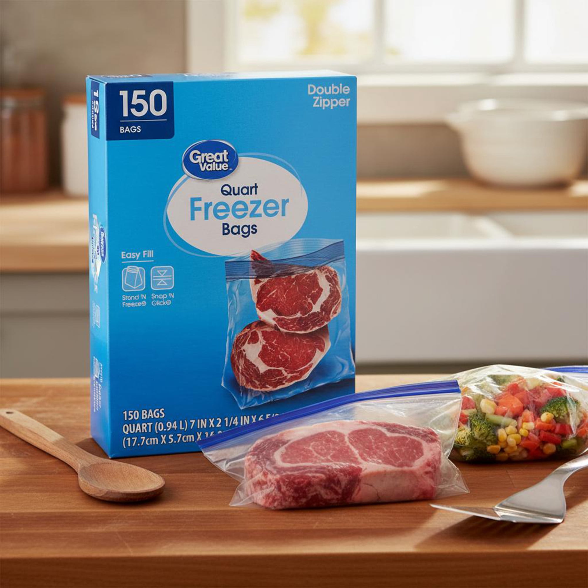 Great Value Quart Freezer Bags with Double Zipper, 150 Count
