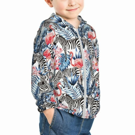 

Uemuo Flamingo And Zebra Pattern Rash Guard for Boys Girls Long Sleeve Swim Shirts UPF 50+ UV Sun Protection Hooded Fishing Shirt with Pocket for Kid-4 Years