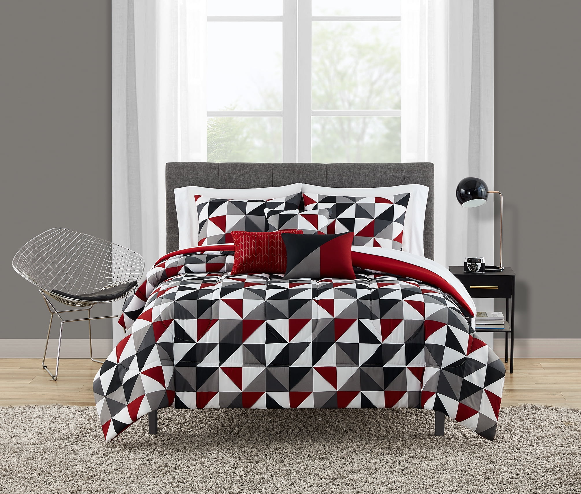 GREY GEO TRIANGLE KING SIZE DUVET COVER SET REVERSIBLE GEOMETRIC BEDDING