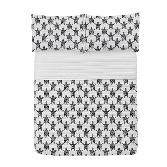 Tattoo Microfiber Bedspread Set, Pattern with Sea Turtles in Maori Style Polynesian Swirly Motifs, Soft Bedding Set with Pillow Shams & Comforter, 3 Sizes, Black White, by Ambesonne