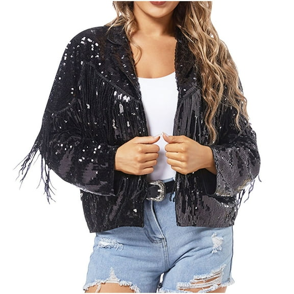 XFLWAM Women's Tassel Sequin Jacket Long Sleeve Fringe Denim Jacket Lapel Collar Coat Casual Solid Color Tops M
