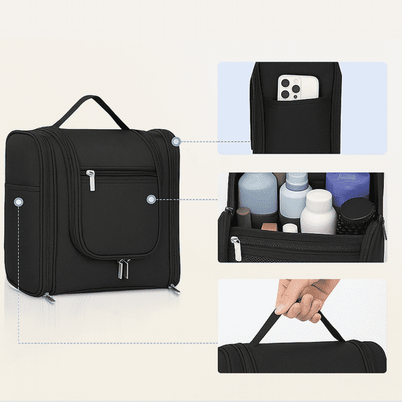 GYTF Travel Toiletry Bag for Women and Men,Water-resistant Travel Makeup Bag with Hanging Hook,Shower Bag for Essentials,Shampoo & Toiletries，Dopp Kit Shaving Bag,Black