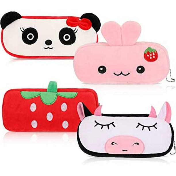 4 Pack Cute Cartoon Animal Pencil Case Plush Soft Pencil Pouch Kawaii Pencil Case Strawberry Rabbit Cow Panda Pen Pencil Bags Fuzzy Makeup Bag for School Kids Girls Boys Stationery Organizer Supplies