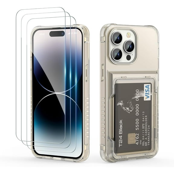 Wallet Case for iPhone 14 Pro with 3 PCS Screen Protectors, Clear Anti-Yellowing Shockproof Card Holder, Hidden Flip Card Slot Protective Cover Case for iPhone 14 Pro, 6.1'' Clear Black