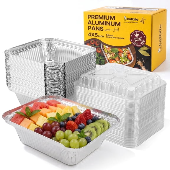 Katbite 4 x 5 inch Aluminum Foil Pans with Lids, 50 Pack, Small Disposable To Go Containers for Meal Prep and Takeout