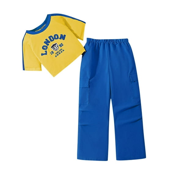 Odeerbi 8-13 Years Kids Girls Summer Outfits Cotton Short Sleeve Cropped Tops Cargo Pants Two-piece Set Casual Loungewear Kids Girls Clothes