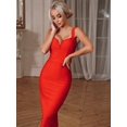 thumbnail image 4 of Red Womens Spaghetti Strap V-Neck Bodycon Midi Dress, Elegant Cocktail Party Gown, 4 of 8