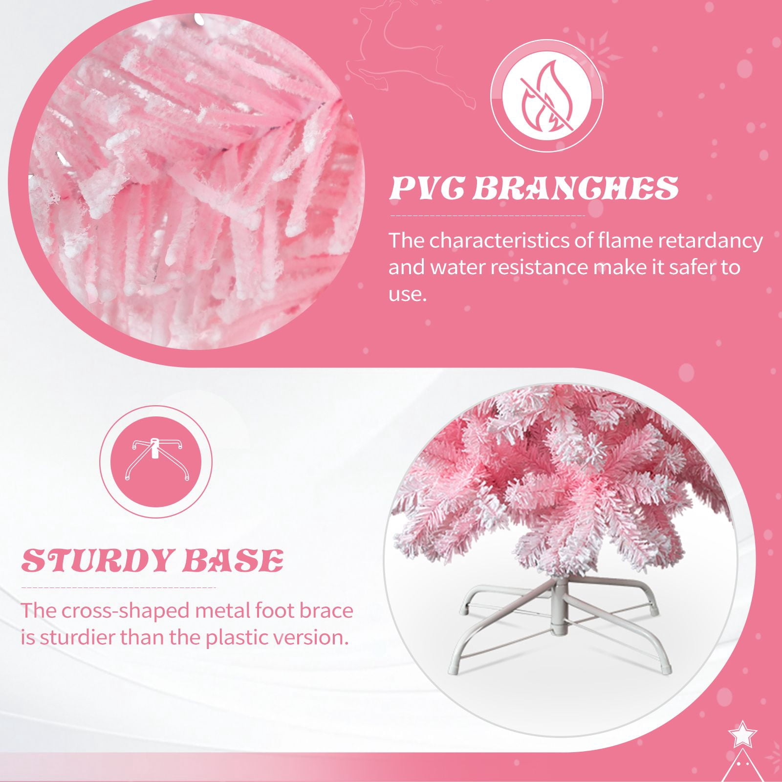 7.5 FT Snow Flocked Hinged Christmas Tree, Artificial Pencil Christmas Tree, Unlit Artificial Christmas Pine Tree with 641 Branch Tips and Sturdy Stand, Pink