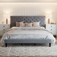 thumbnail image 2 of Amolife King Bed Frame with Adjustable Velvet-Studded Headboard, Grey, 2 of 7