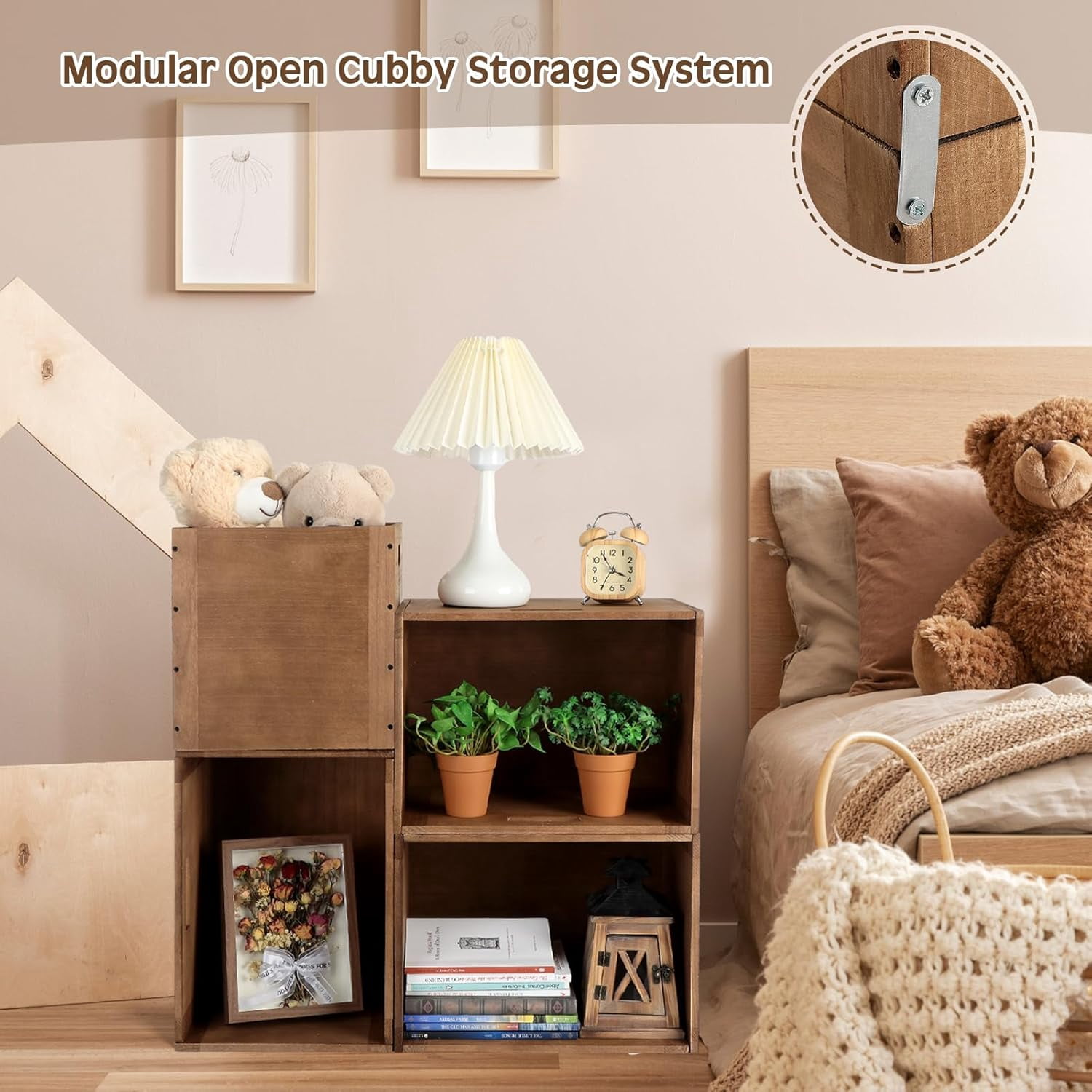 4 Pcs Stackable Wood Storage Cube for Shelves Closet Wooden Bins Box Wood Crates Storage Baskets Container for Toy Books Clothes Home Office, Dark Brown(14 x 10 x 10 Inch)