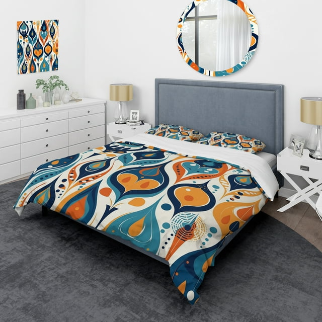 Designart "Botanical Symphony in Orange and Blue II" Abstract Bedding Covert Set - Modern Orange Floral Bed Set With 2 Shams