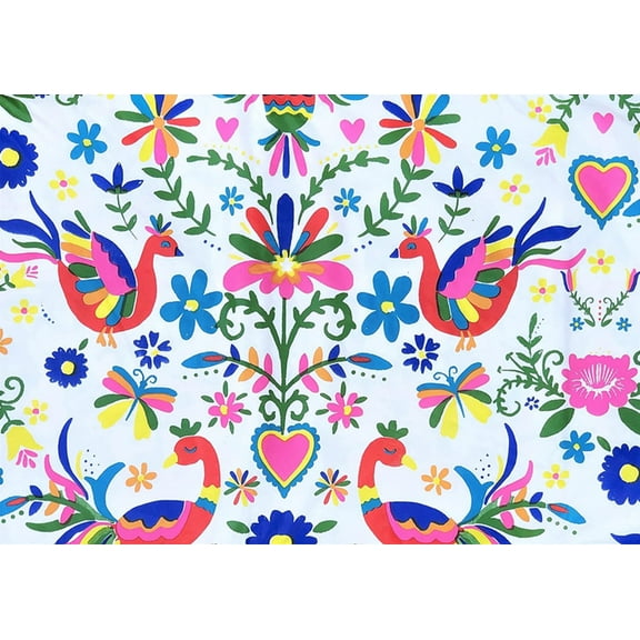Summer Fun Otomi Birds Butterflies Flowers Vivid Colors Vinyl Flannel Backed Tablecloth (52" x 90" Oblong)
