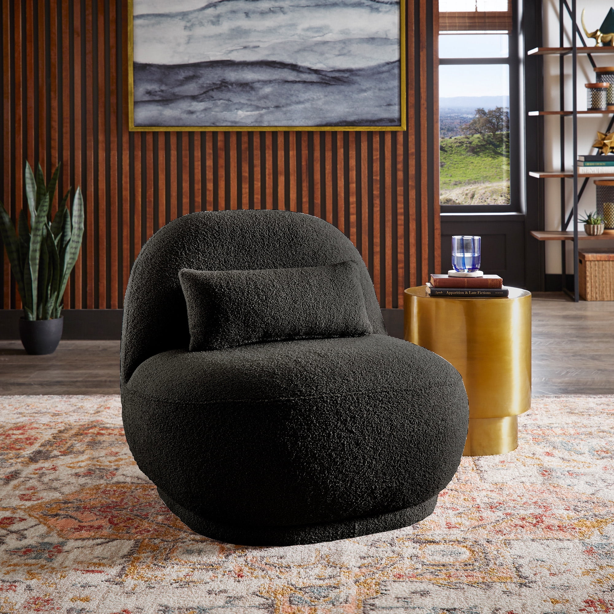 Weston Home Lompoc Modern Boucle Accent Chair with Rounded Design and Lumbar Pillow, Black