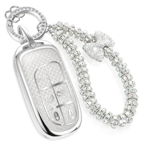 for Jeep Key Fob Cover with Fashionable Zirconia Wristlet KeyChain, Enchanting Diamond Patterns Soft Case for Grand Cherokee Renegade Dart