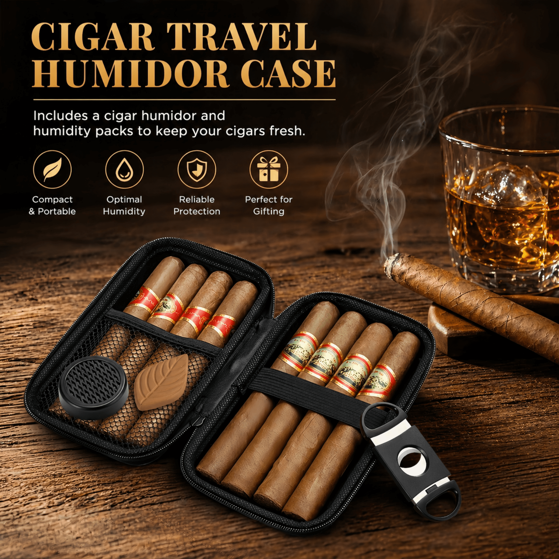 ChrumpTon Portable Cigar Travel Case with Cutter, Humidifier & Moisture Tablet – Black Cigar Storage Box, Men’s Gift Accessory (Cigar Not Included)