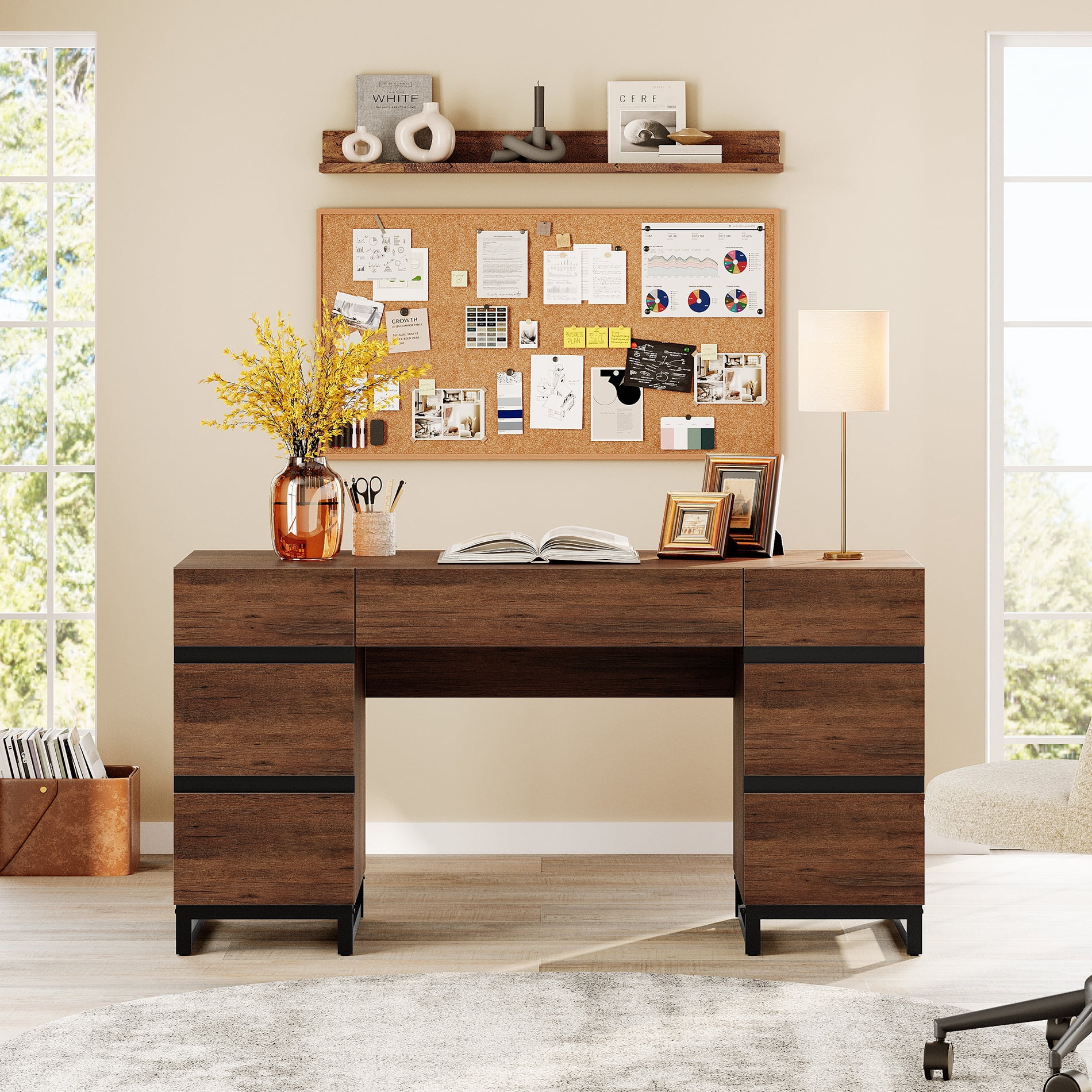 WAMPAT 59" Rustic Brown Modern Executive Desk with Drawers & Charging Station, Wood Computer Writing Desk with File Drawer, Study Table for Bedroom, Living Room & Home Office