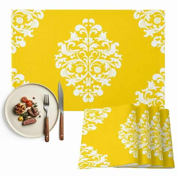 Placemats Set of 4, Yellow Flower Place Mats Classical Luxury Abstract Art Tablemats Washable Placemat Table Decoration for Kitchen Table Dinner Party Home Decor Indoor Outdoor 13x19 Inch