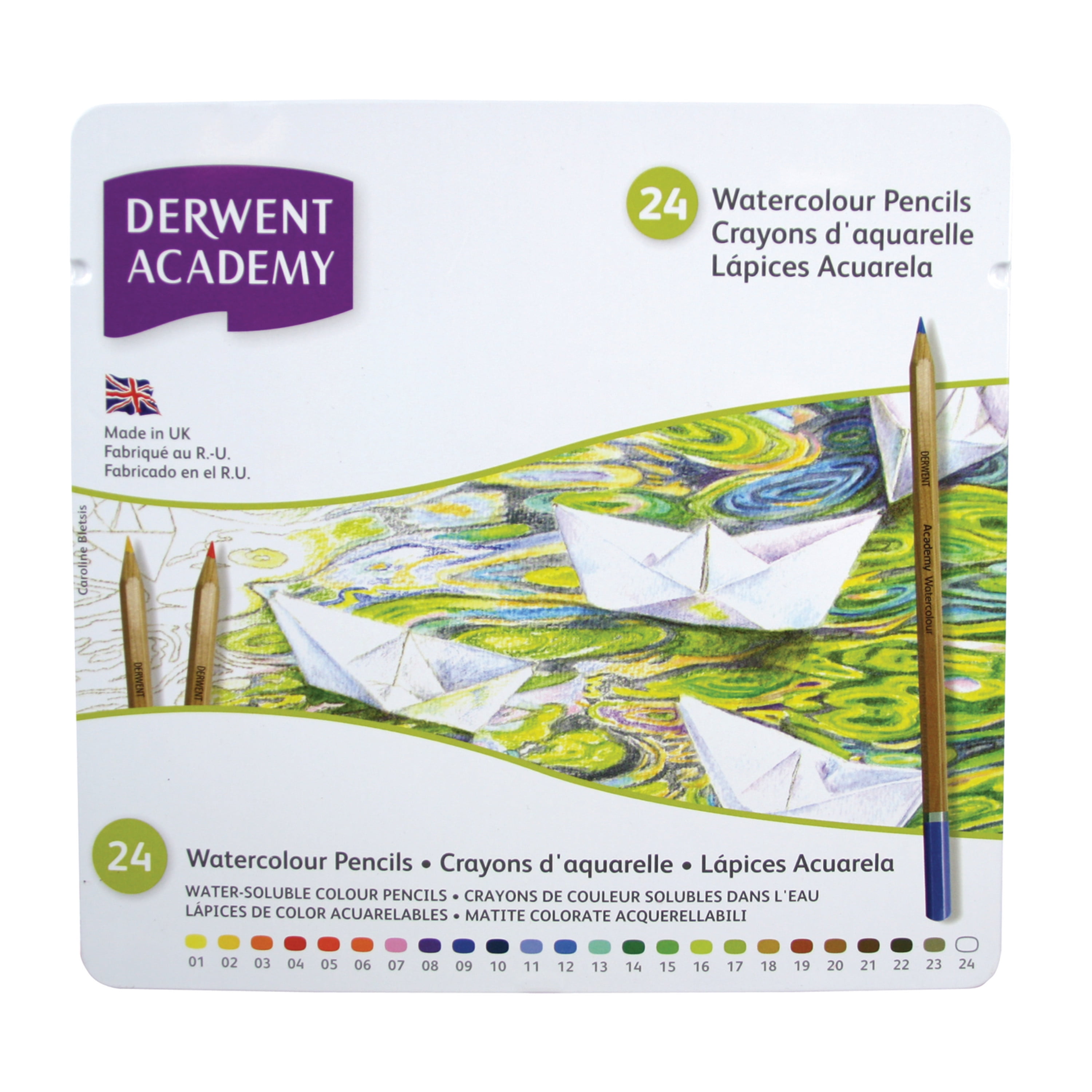 Derwent Academy Watercolour Pencils 24 Tin Set Soft Blendable Water-Soluble