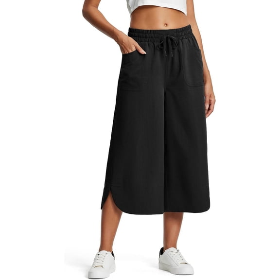 Mawalde Pants for Women Wide Leg Yoga Pants Casual Summer Cropped Trousers Drawstring Waist Lounge with Pockets Black S