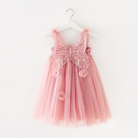 

WHLBF Toddler Kids Baby Girls Dress Cute Summer Mesh Elegant Flower Wing Suspenders Skirt Hot Pink 2-3Years(2-3Years)