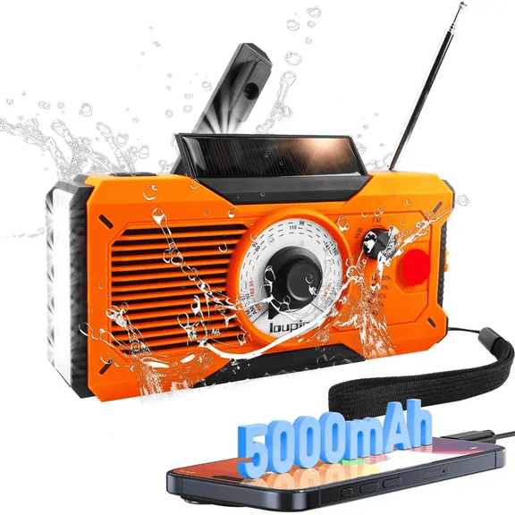Emergency Radio, AM/FM/WB Weather Radio, 5000mAh Portable Power Bank, USB Solar Hand Crank Charging, Waterproof Flashlight, LED Reading Light, SOS Alarm, Compass, for Camping Hiking Hurricane