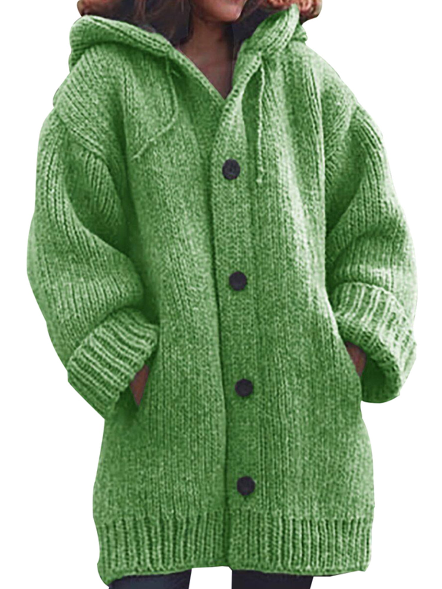 Women's Winter Warm Button Knitwear Long Sleeve Mid-Length Hooded Knit ...