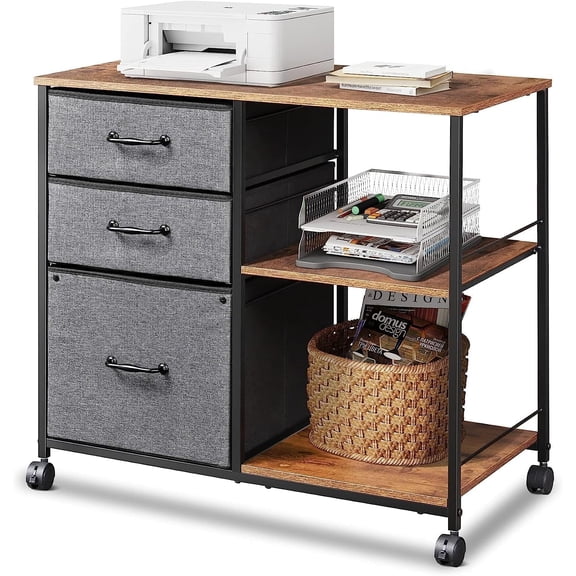 3 Drawer Mobile File Cabinet, Fabric Lateral Filing Cabinet | Rolling Printer Stand with Open Storage Shelf, Fits A4 or Letter Size for Home Office, Rustic Brown and Gray