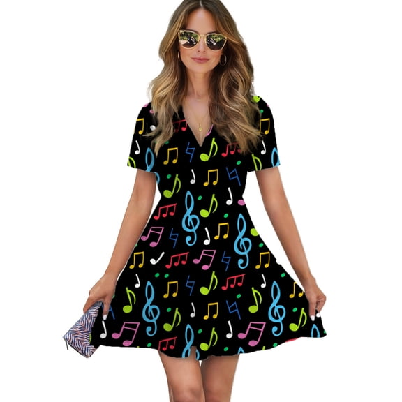 Colorful Music Symbols Women Dress V-Neck Short Sleeve Flowy Swing Party Midi Dress