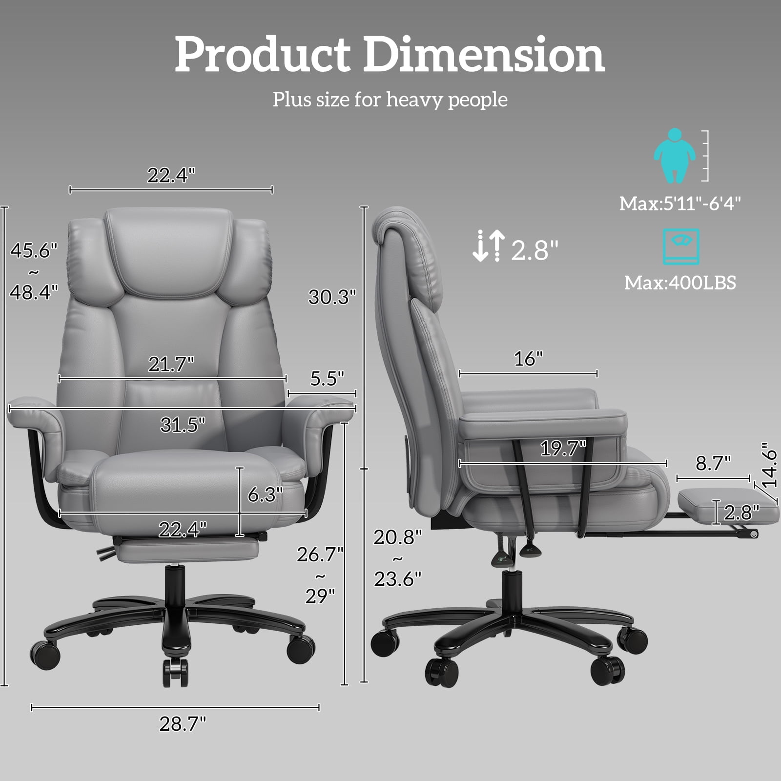 Ninecer High Back Executive Office Chair, Ergonomic PU Leather Office Chair, Heavy Duty Computer Desk Chair, Reclining Office Chair with Footrest 400lbs, Gray