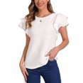 thumbnail image 1 of Blusa de manga corta con volantes Inspire Chic para mujer, cuello redondo, texturizada, casual de verano, talla XS, blanca, 1 of 6