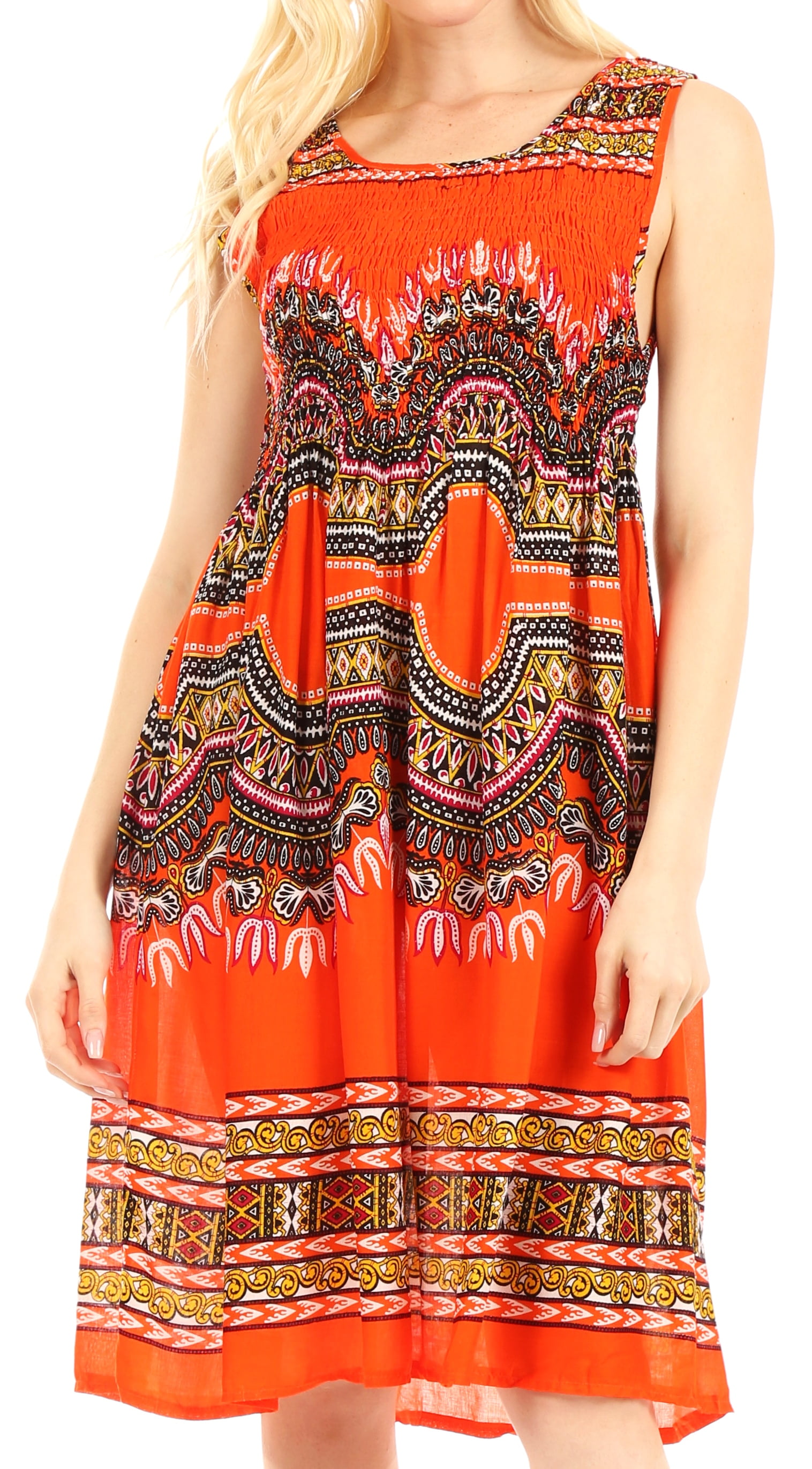 Sakkas Darcia Women's Summer Cocktail Elastic Stretchy Dashiki Print Dress - Orange One Size Walmart.com