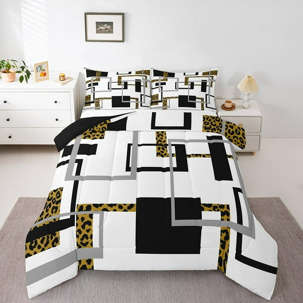YST Modern Twin Size Comforter Set,Black White Striped Bedding,Leopard